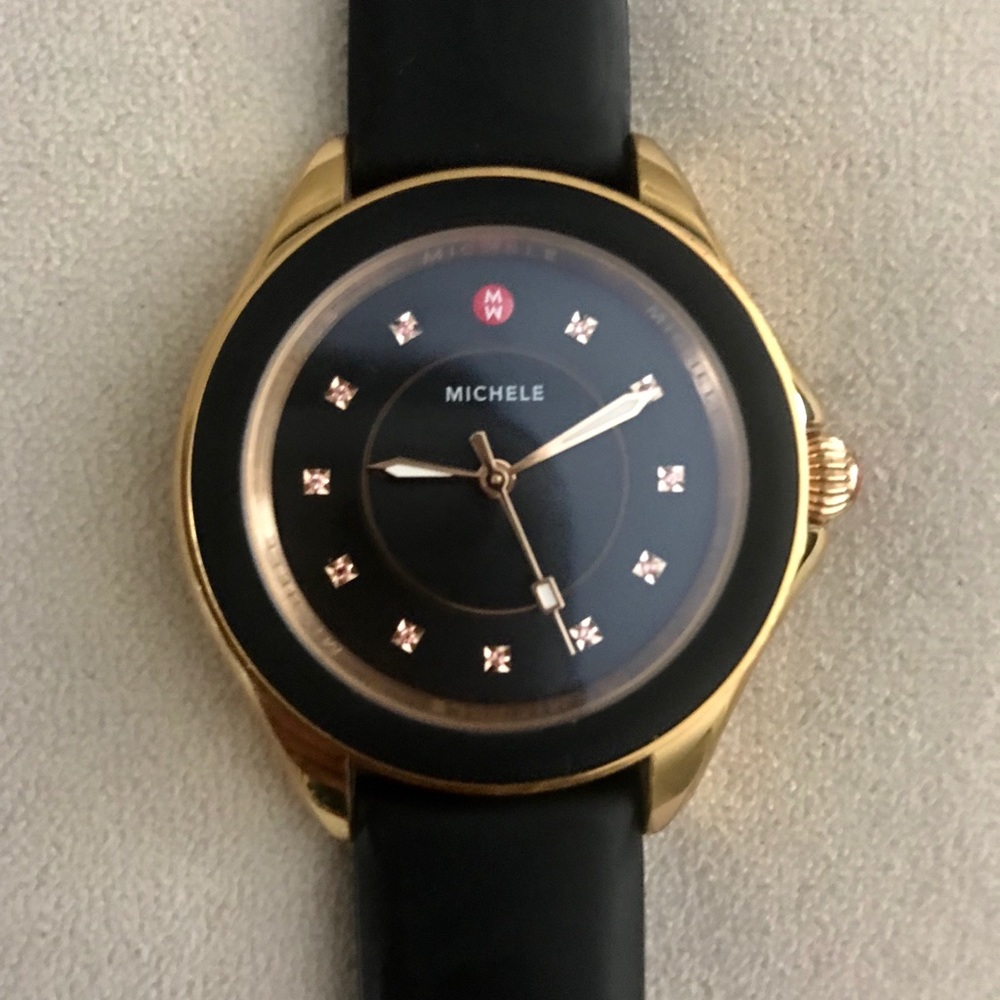 Michele cape watch- black and gold. EUC